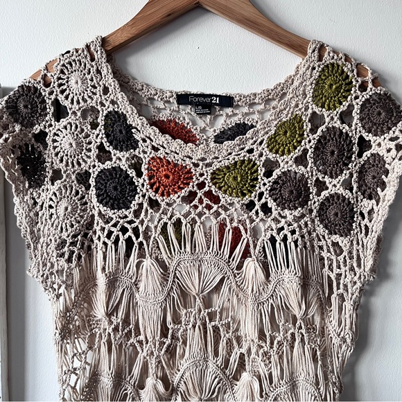 Forever 21 Crochet Boho Knit Granny Square Resort Festival Top Size L - Picture 2 of 13